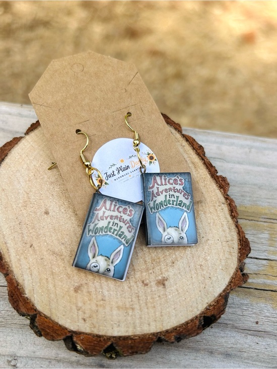 Handmade Jewelry - Alice in Wonderland Book Earrings Mini Book Dangles Literary Gift